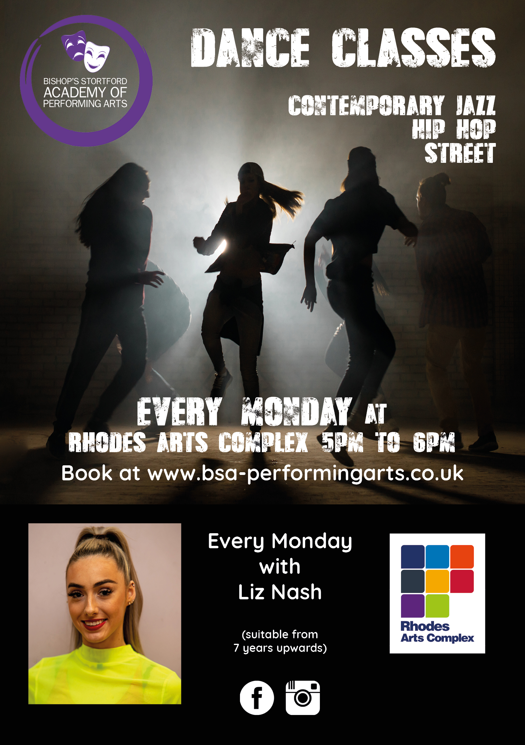 Dance Classes with Liz Nash at Rhodes Arts Complex. The best Contemporary Jazz, Hip Hop & Street dancing in Bishops Stortford. Monday 5-6pm. From age 7.